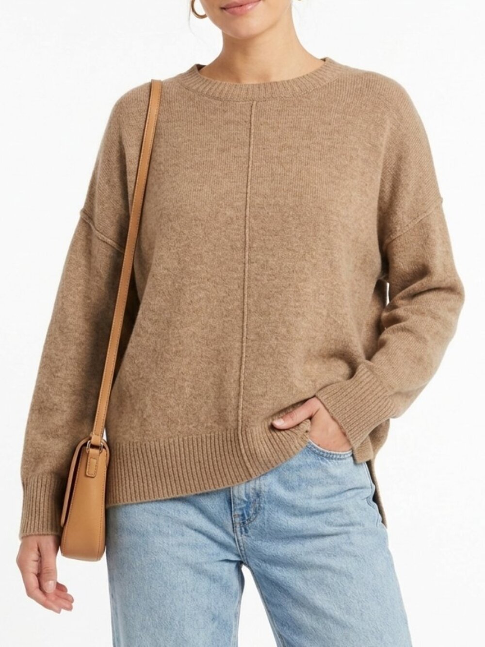 Oversized Exposed Seam Vince Camuto Malted Tan Crewneck Pullover Sweater Size XL